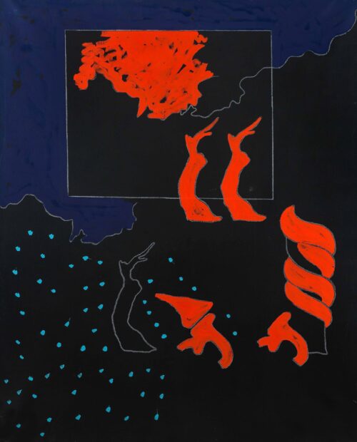 1971<br>Paesaggio su fondo nero<br>pittura industriale, tempera, matita su tela<br>cm 160x130 GAM Torino