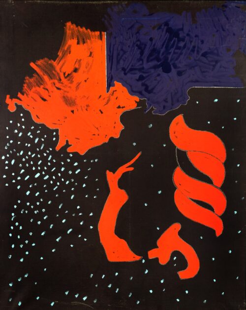 1971<br>Paesaggio su fondo nero (fondo rosso)<br>pittura industriale, tempera, matita su tela<br>cm 160x130