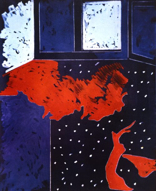 1971<br>Paesaggio su fondo nero<br>pittura industriale, tempera, matita su tela<br>cm 160x130