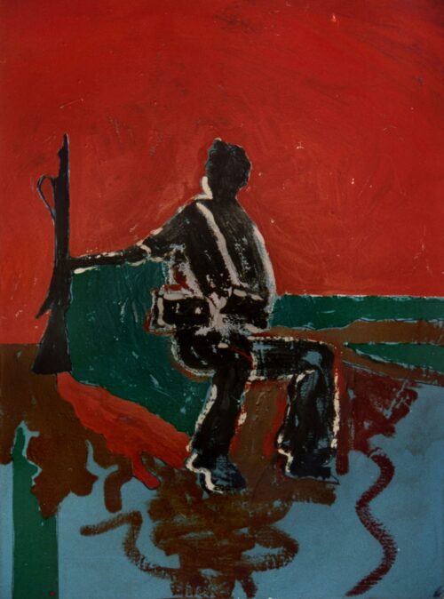 1973<br>Morire a Madrid<br>pittura industriale, tempera, pennarello su tela<br>cm 80x60