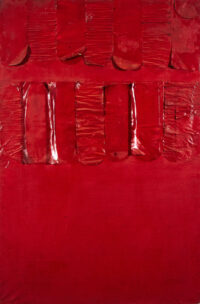 1960<br>Rosso n.21<br>collage di carta povera e smalto industriale su tavola<br>cm 120x80