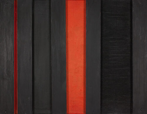 1960 28 luglio<br>' Studio per legno '<br>smalto industriale e collage di carta e legno su tela<br>cm 35x45