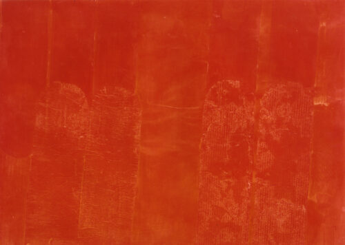 1960 settembre<br>Rosso segnale<br>tempera e collage di carte povere su carta<br>cm 70x100