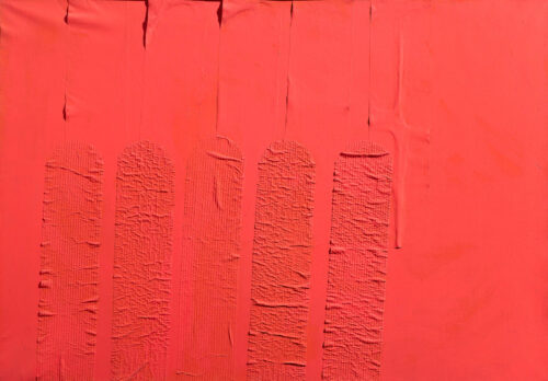 1960 settembre<br>Rosso segnale n.9<br>smalto industriale per l'edilizia e collage di carte povere su tela<br>cm 70x100