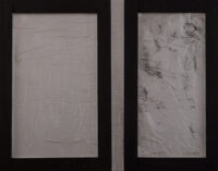 1961<br>Il giorno dei morti<br>collage, legno e vernice argentata su tela<br>cm 60x80