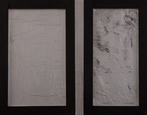 1961<br>Il giorno dei morti<br>collage, legno e vernice argentata su tela<br>cm 60x80