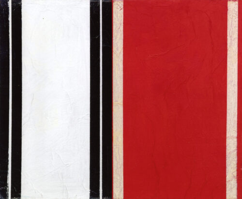 1961<br>Opera non datata e firmata<br>collage, nastro adesivo e smalto industriale su tavola<br>cm 40x45