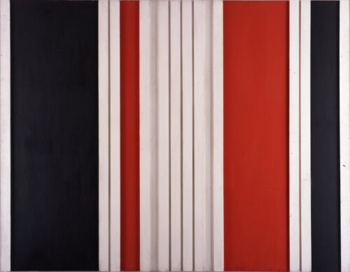 1961<br>Piazza Scanderberg n.46<br>collage, legno e smalto industriale su tela<br>cm 140x180