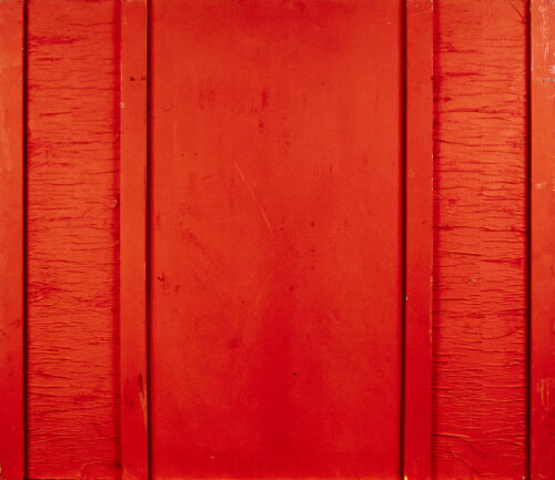 1961<br>Rosso n.35<br>collage, legno e smalto industriale su tavola<br>cm 95x110