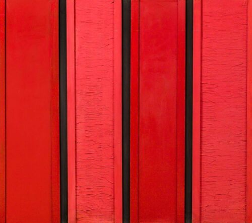1961<br>Rosso nero n.44<br>collage legno e smalto industriale su tela<br>cm 150x170