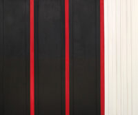 1961<br>Via Veneto n.2<br>smalto industriale e collage di legno e carta su tavola<br>cm 150x180