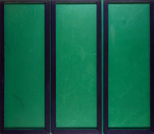 1961<br>Dublino<br>smalto industriale e collage di carta e legno su tela<br>cm 150x170