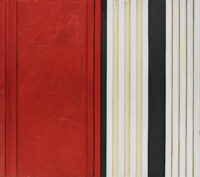 1961 giugno<br>Via veneto n.3<br>collage, legno e smalto industriale su tavola<br>cm 150x170