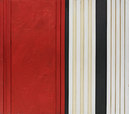 1961 giugno<br>Via veneto n.3<br>collage, legno e smalto industriale su tavola<br>cm 150x170