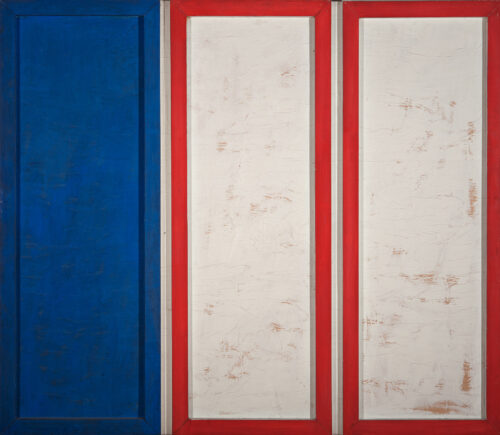 1961<br>La citta di Genova<br>collage, legno e smalto industriale su tavola<br>cm 130x150 G.A.M. Roma