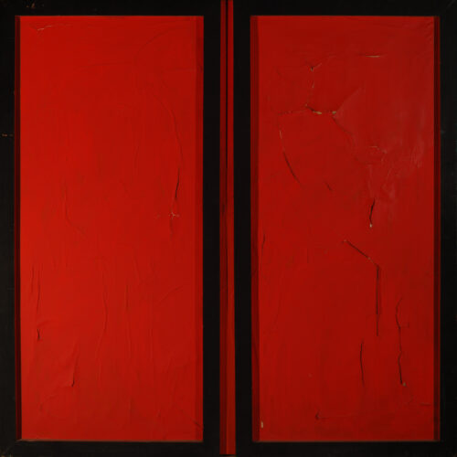 1961<br>Piazza delle Muse n.66<br>collage, legno e smalto industriale su tela<br>cm 130x130