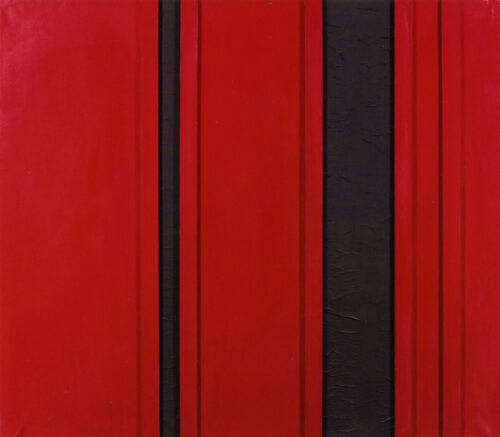 1961<br>Rosso e nero n.27<br>smalto industriale e collage di carta e legno su tela<br>cm 130x150