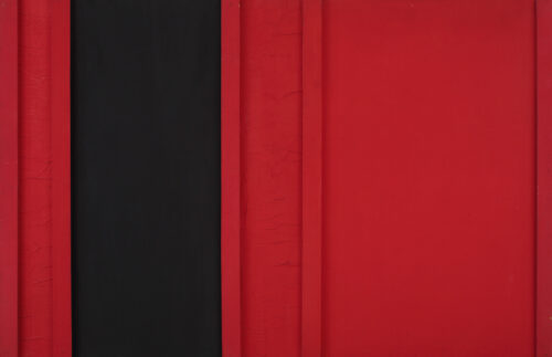 1961<br>Rosso e nero n.30<br>smalto industriale e collage di carta e legno su tela<br>cm 100x150