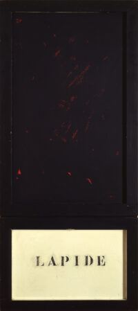 1962<br>Lapide, Per Accetti<br>smalto industriale, tempera e collage di legno su tavola<br>cm 130x60