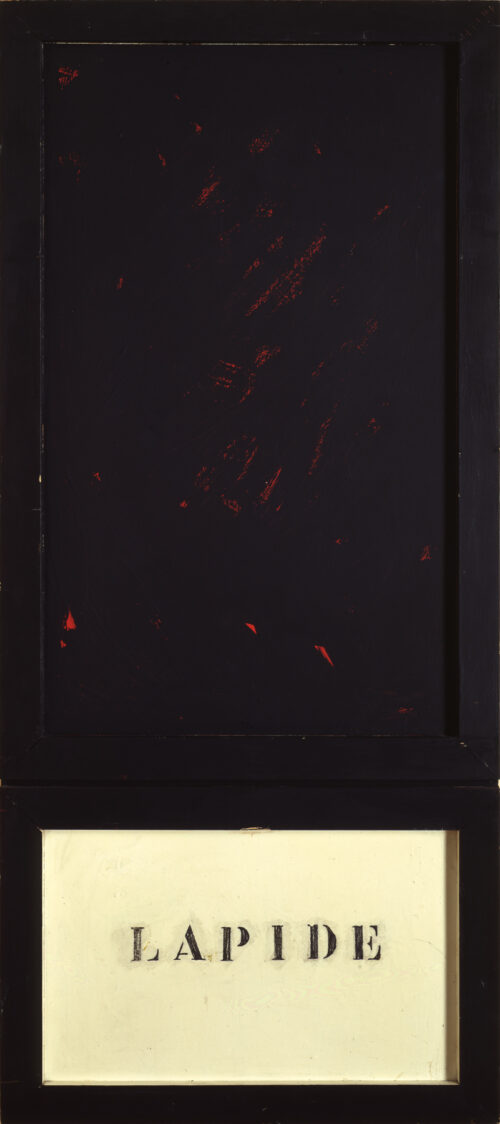 1962<br>Lapide, Per Accetti<br>smalto industriale, tempera e collage di legno su tavola<br>cm 130x60