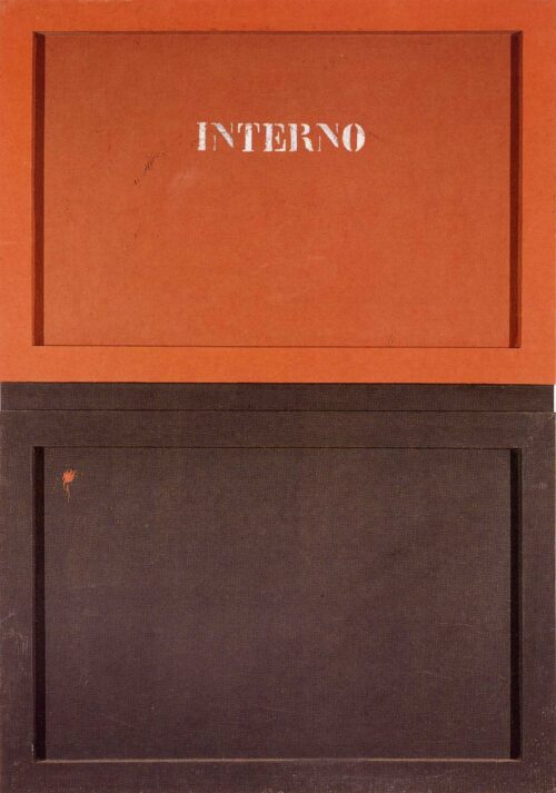 1962<br>Interno<br>smalto industriale e collage di legno su tavola<br>cm115x80