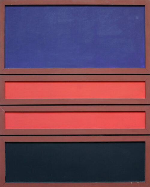 1962<br>Omaggio a Rothko<br>smalto industriale e collage di legno su tavola<br>cm 160x130