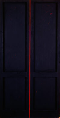 1962<br>La porta rossa<br>smalto industriale e collage di legno su tavola<br>cm 200x100