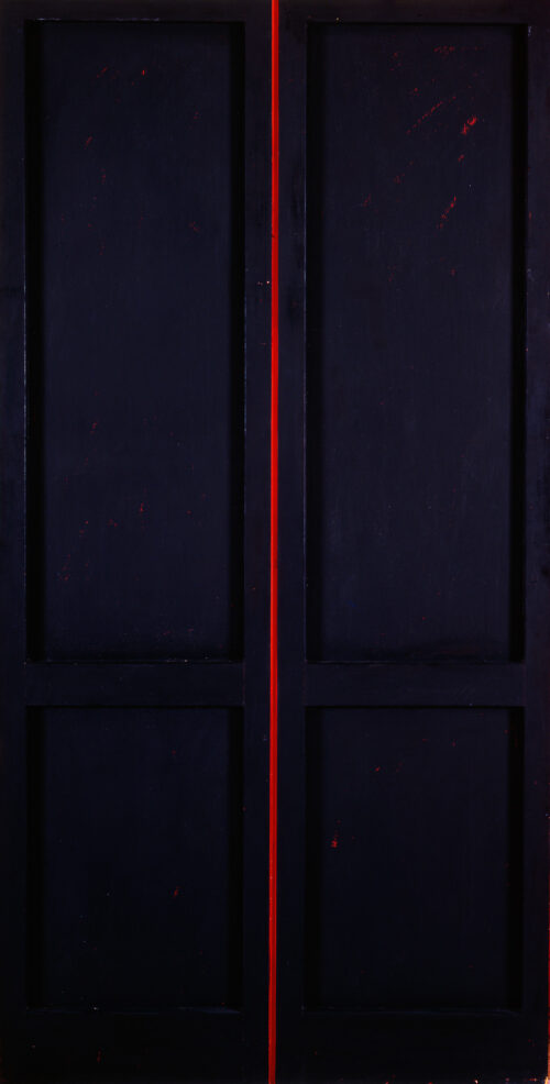 1962<br>La porta rossa<br>smalto industriale e collage di legno su tavola<br>cm 200x100