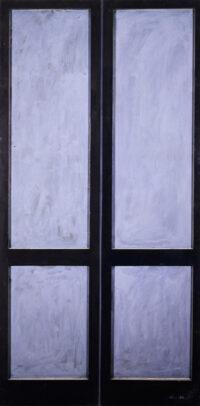 1962<br>' La Porta grigia '<br>smalto industriale e collage di legno su tavola<br>cm 200x100