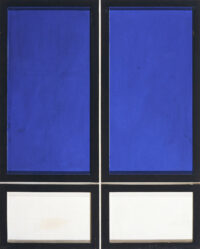 1962<br>Edicola n.2<br>smalto industriale e collage di legno su tavola<br>cm 150x120