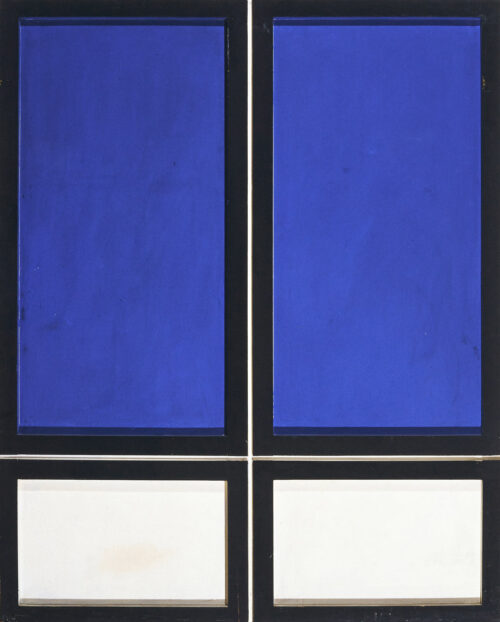 1962<br>Edicola n.2<br>smalto industriale e collage di legno su tavola<br>cm 150x120