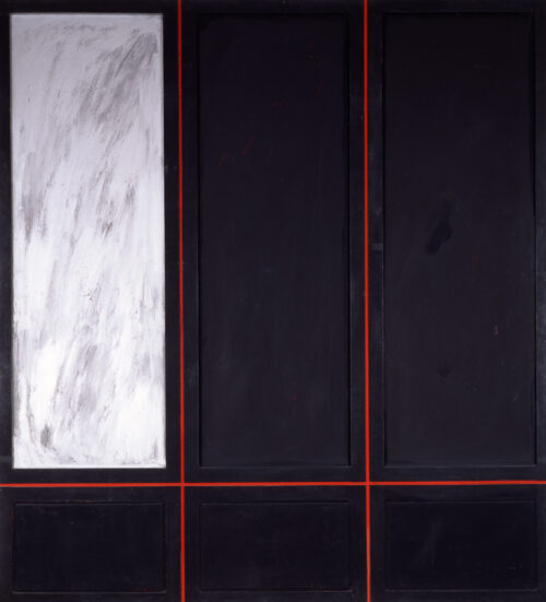 1962<br>Armadio con specchio N.2<br>smalto industriale, tempera, collage di legno su tavola<br>cm 200x180