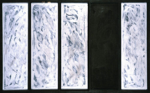 1962<br>' Teoria di specchi per legno pallido, teoria di specchi per un volto '<br>smalto industriale e tempera su tavola<br>cm 100x160