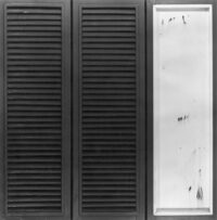 1963 gennaio<br>' Persiana '<br>smalto industriale, ante di persiana e telaio in legno su tavola<br>cm 120x120