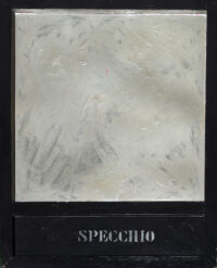 1963<br>smalto industriale, vernice argentata e collage di legno su tavola<br>cm 115x90