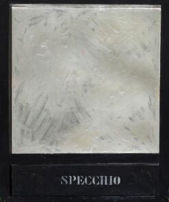 1963<br>smalto industriale, vernice argentata e collage di legno su tavola<br>cm 115x90