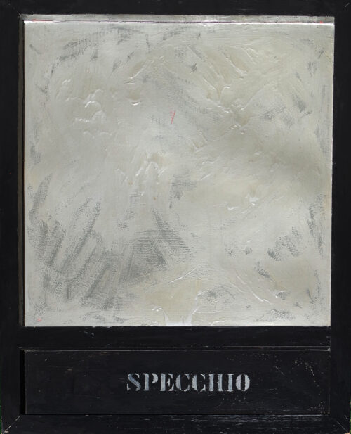 1963<br>smalto industriale, vernice argentata e collage di legno su tavola<br>cm 115x90