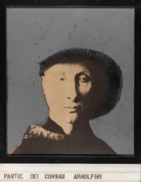 1963<br>Particolare dei coniugi Arnolfini<br>collage fotografico, legno e smalto industriale su tavola<br>cm 130x100