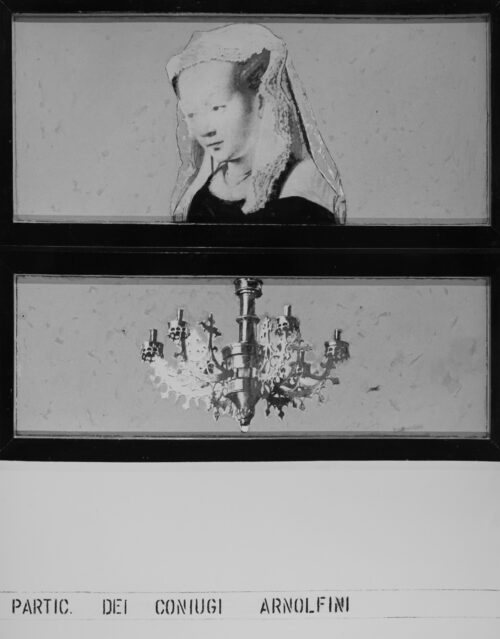 1963<br>Paticolare dei coniugi Arnolfini<br>collage fotografico, legno e smalto industriale su tavola<br>cm 145x115