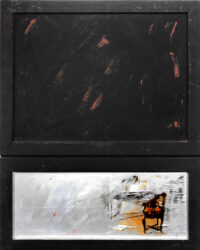 1963<br>La sedia<br>collage fotografico, legno, smalto industriale e vernice su tavola<br>cm 80x65