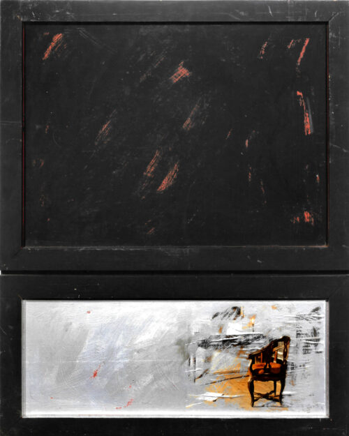 1963<br>La sedia<br>collage fotografico, legno, smalto industriale e vernice su tavola<br>cm 80x65