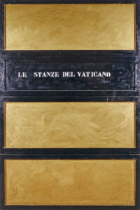 1963<br>Le Stanze del Vaticano<br>smalto industriale, tempera e collage di legno su tavola<br>cm 195x130