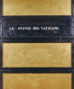 1963<br>Le Stanze del Vaticano<br>smalto industriale, tempera e collage di legno su tavola<br>cm 195x130