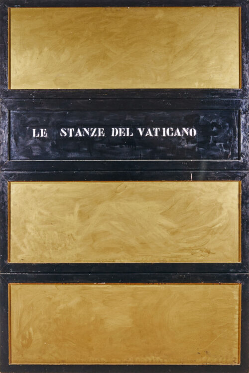 1963<br>Le Stanze del Vaticano<br>smalto industriale, tempera e collage di legno su tavola<br>cm 195x130