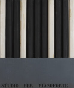 1963<br>' Pianoforte '<br>smalto industriale e collage di legno su tavola<br>cm 110x90