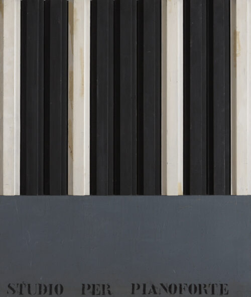 1963<br>' Pianoforte '<br>smalto industriale e collage di legno su tavola<br>cm 110x90