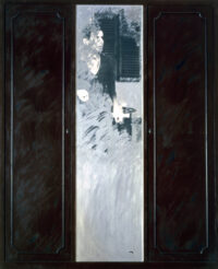 1963<br>Armadio con elementi e figura riflessi nello specchio<br>Collage fotografico, smalto industriale, tempera, ante di armadio ricostruite su tavola<br>cm 200x165 G.A.M. Roma