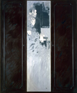 1963<br>Armadio con elementi e figura riflessi nello specchio<br>Collage fotografico, smalto industriale, tempera, ante di armadio ricostruite su tavola<br>cm 200x165 G.A.M. Roma