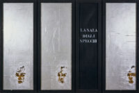 1963<br>La Sala Degli Specchi<br>collage fotografico, smalto industriale, vernice, collage di legno su tavola<br>cm 130x195