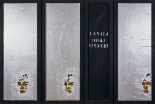 1963<br>La Sala Degli Specchi<br>collage fotografico, smalto industriale, vernice, collage di legno su tavola<br>cm 130x195